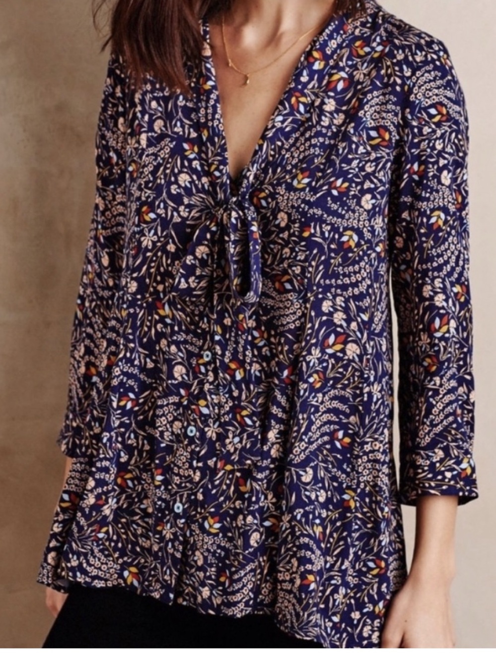 Maeve Navy Floral Tie-Neck Blouse